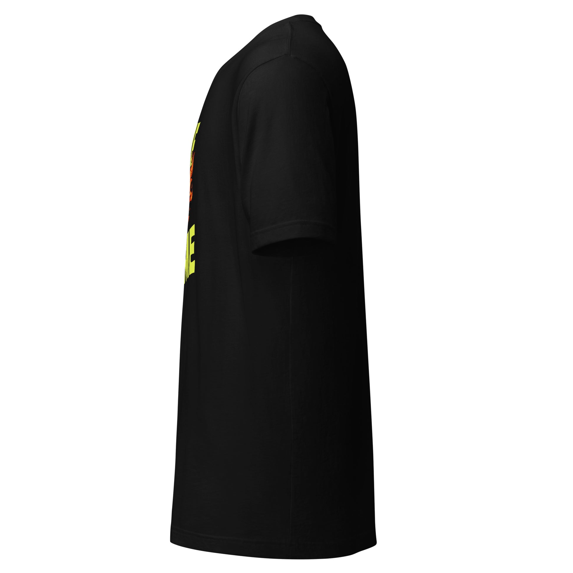 Left side view of black t-shirt showing the edge of the front graphic.