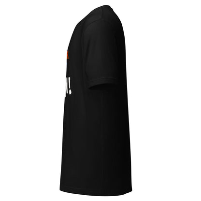 Left side view of black t-shirt showing the edge of the front graphic.