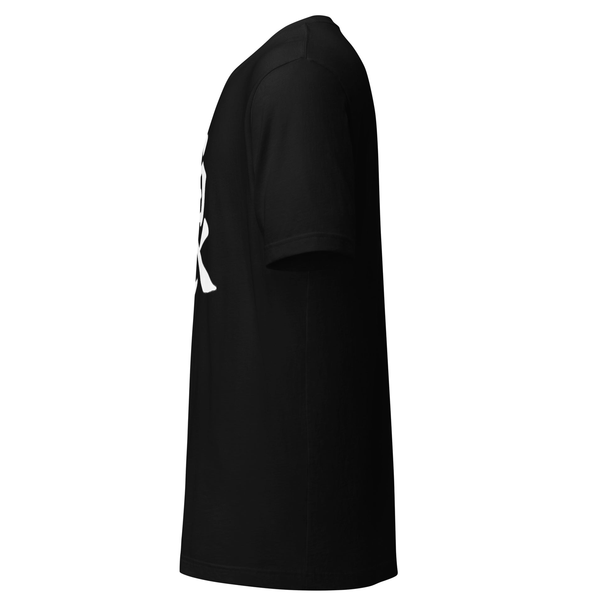  Left side view of a black t-shirt showcasing a clean design with the OOKAMI logo on the sleeve.
