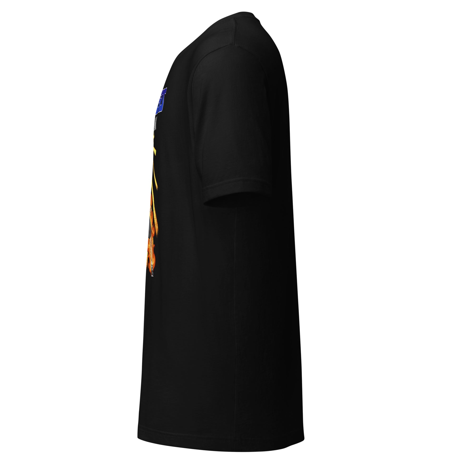Left side view of black t-shirt with Masters of the Dink design inspired by He-Man's iconic pose.