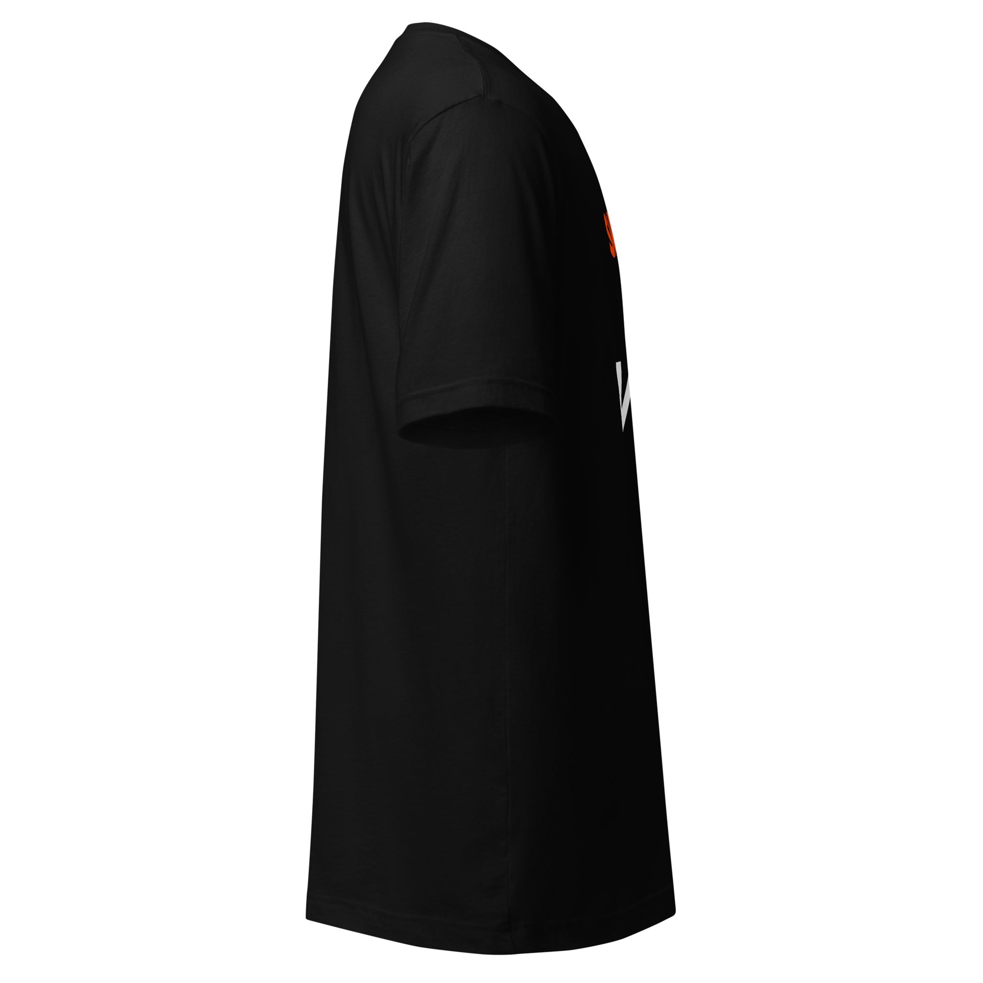 Right side view of black t-shirt showing the edge of the front graphic.