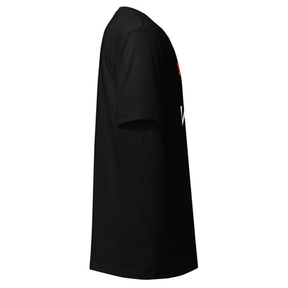 Right side view of black t-shirt showing the edge of the front graphic.