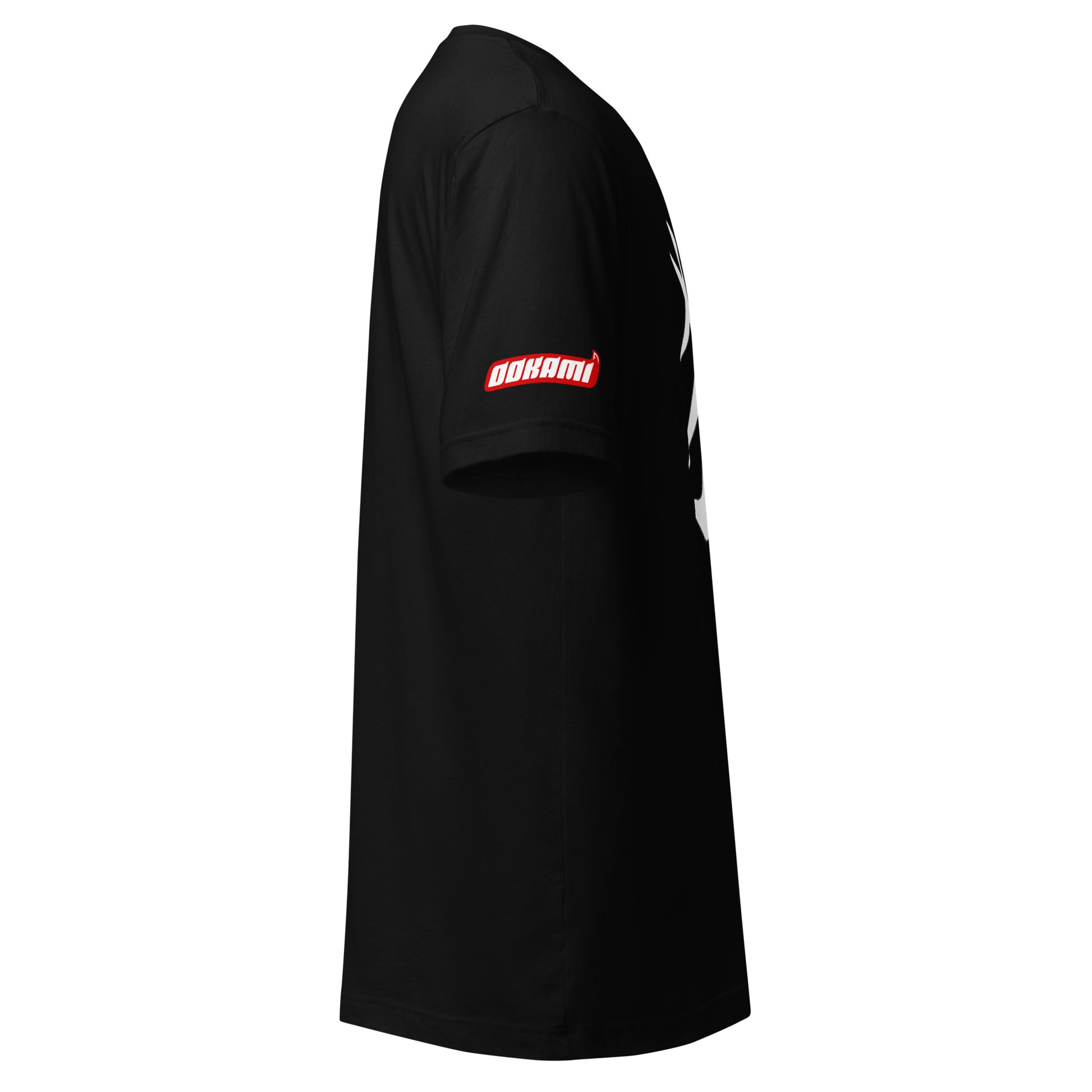 Right side view of a black t-shirt with the OOKAMI logo on the left sleeve.