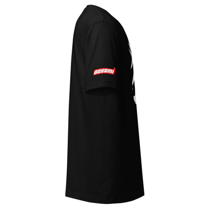 Right side view of a black t-shirt with the OOKAMI logo on the left sleeve.