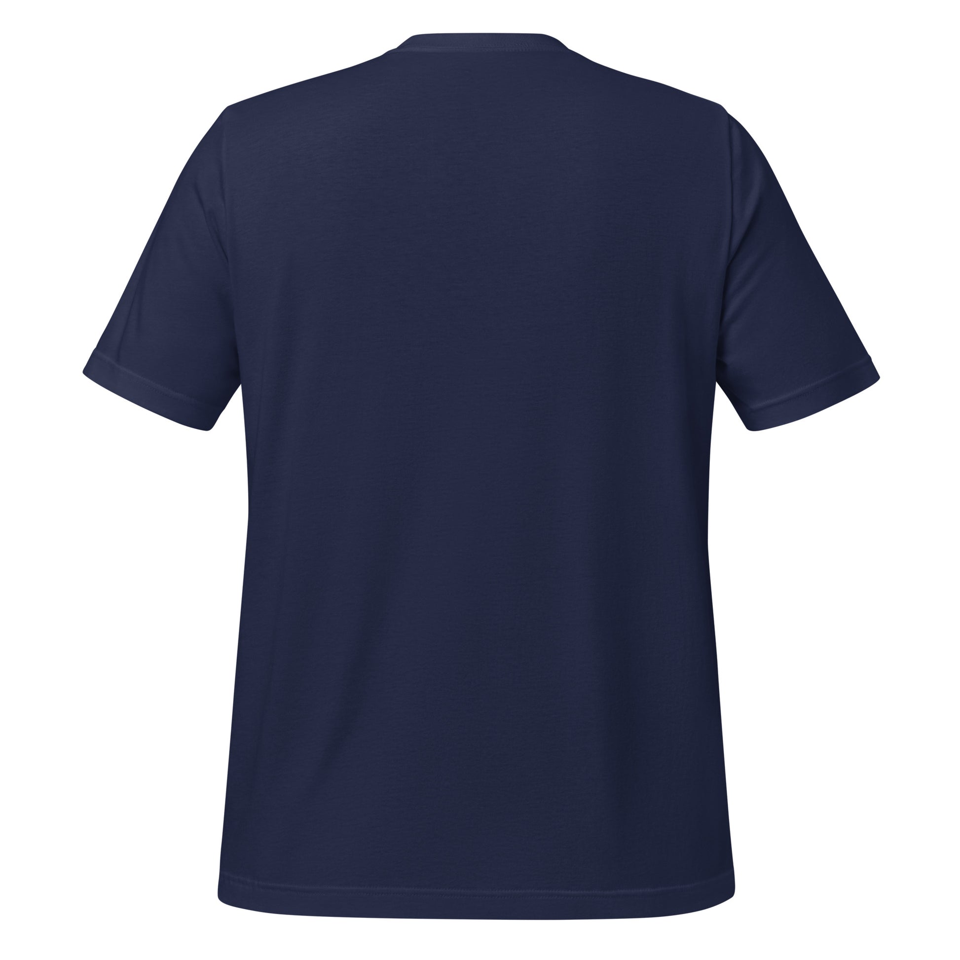 Back view of navy t-shirt with no design.