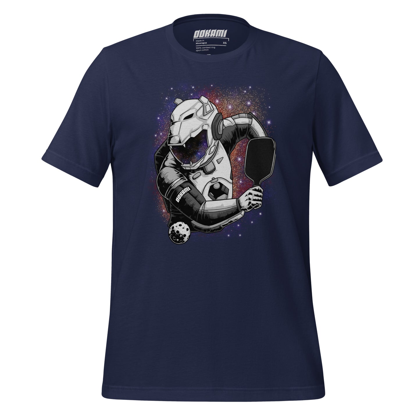 Front view of navy t-shirt featuring an astronaut playing pickleball graphic set against a galaxy background.