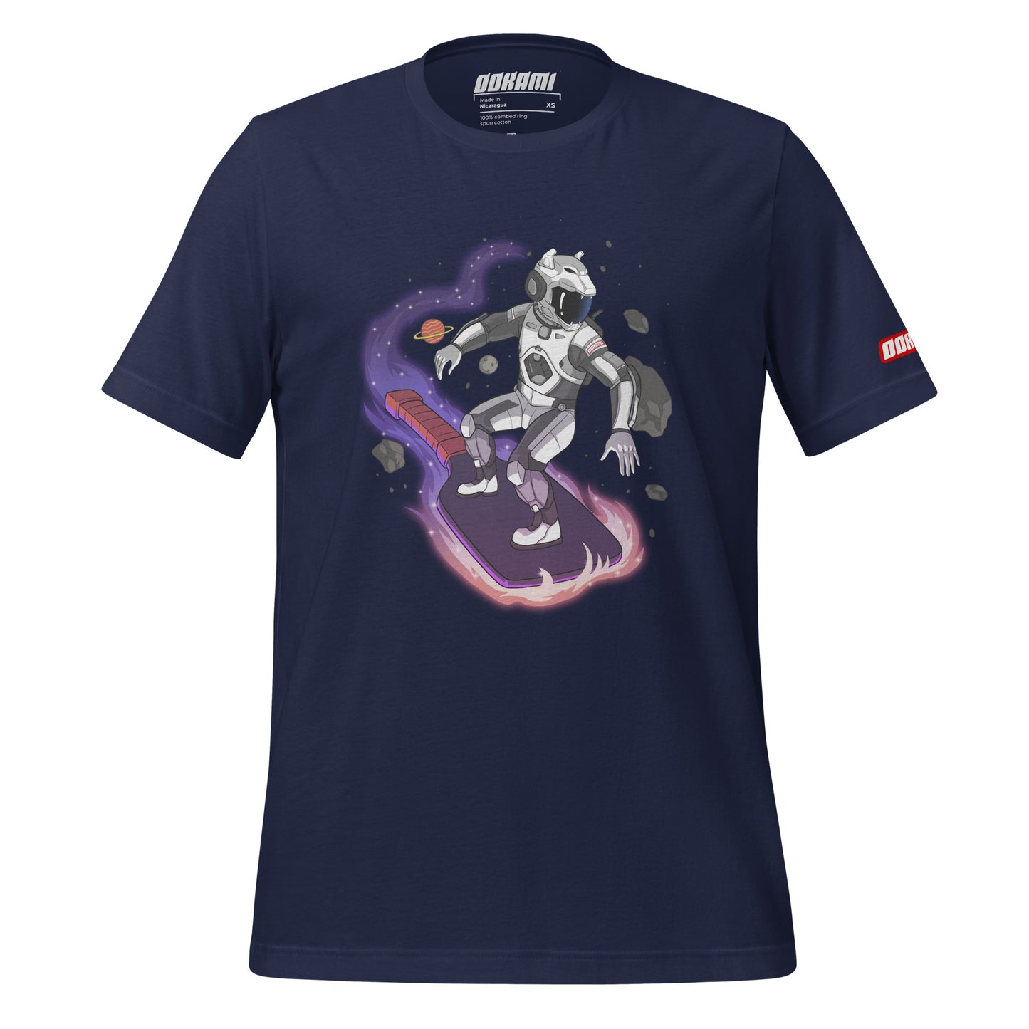 Front view of navy t-shirt featuring an astronaut riding a pickleball paddle graphic surrounded by stars and planets.