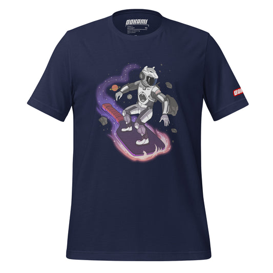 Front view of navy t-shirt featuring an astronaut riding a pickleball paddle graphic surrounded by stars and planets.