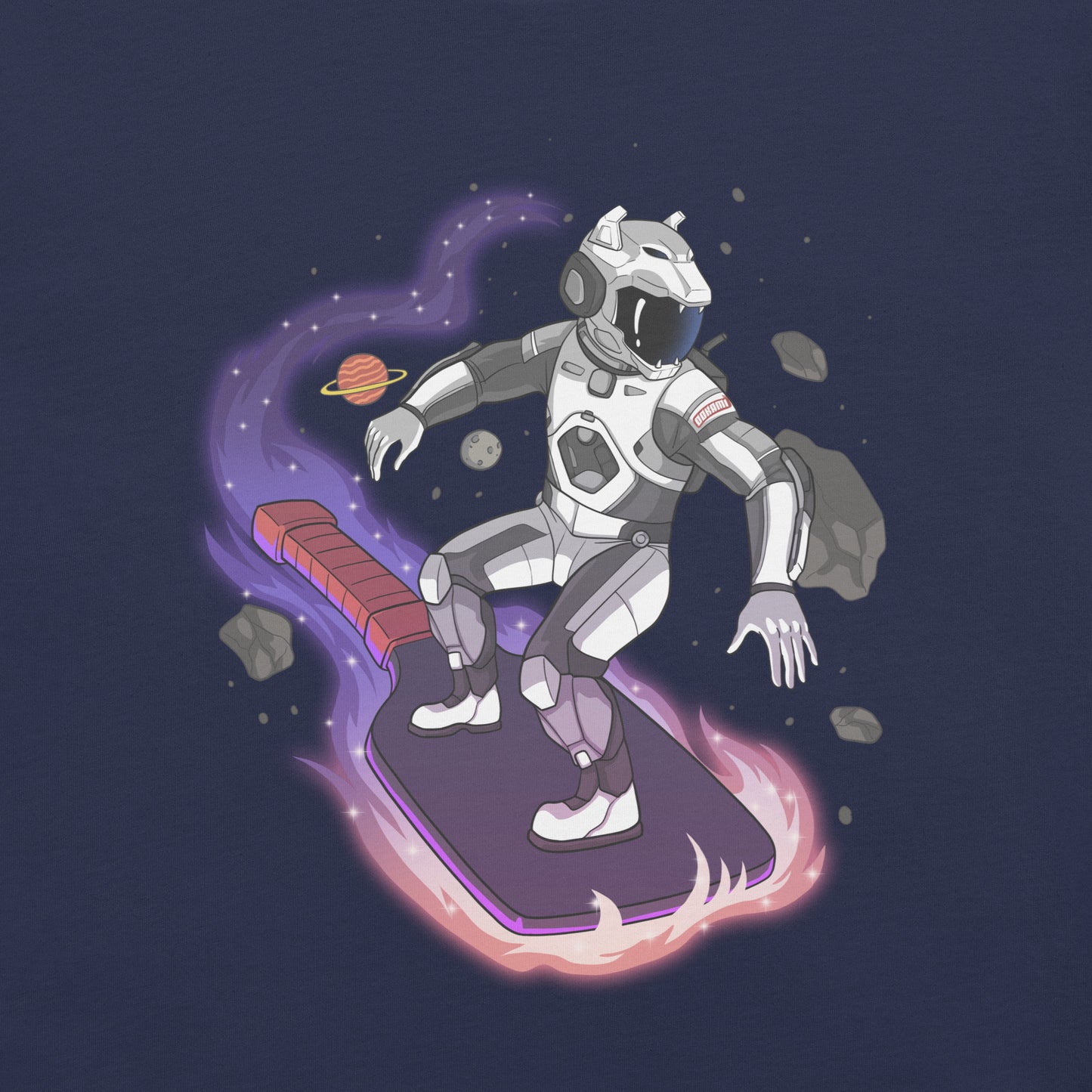 Close-up view of the astronaut riding a pickleball paddle design on the front of a navy t-shirt.