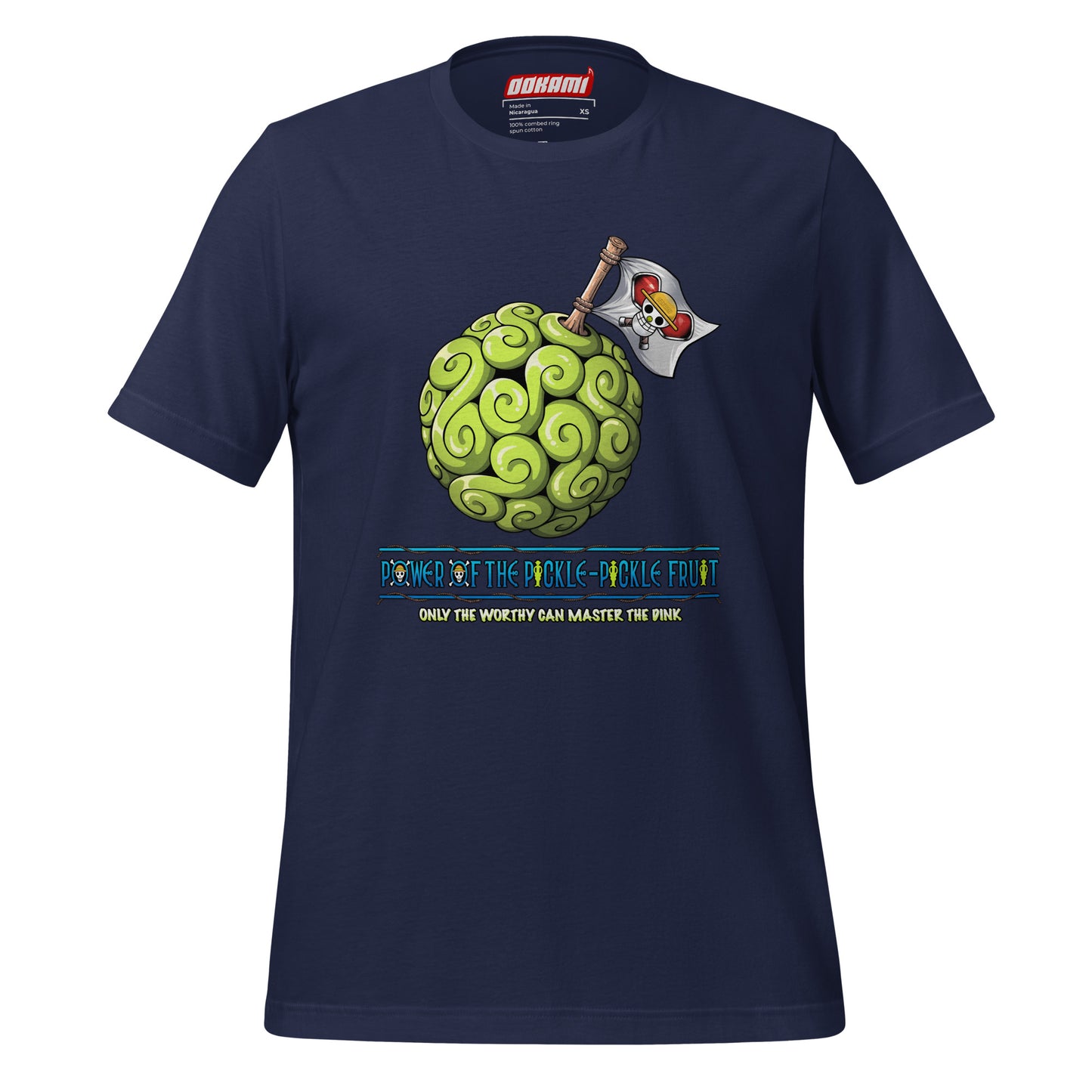 OOKAMI SPORTS Navy Blue Pickleball T-Shirt with unique Pickle Pickle Devil Fruit artwork, ideal for players who want to stand out while mastering the DINK.