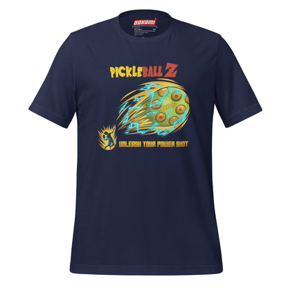 Navy Pickle Ball Z Power Shot Shirt with Dragon Ball-inspired artwork, designed for pickleball players who want to express their anime passion while playing.