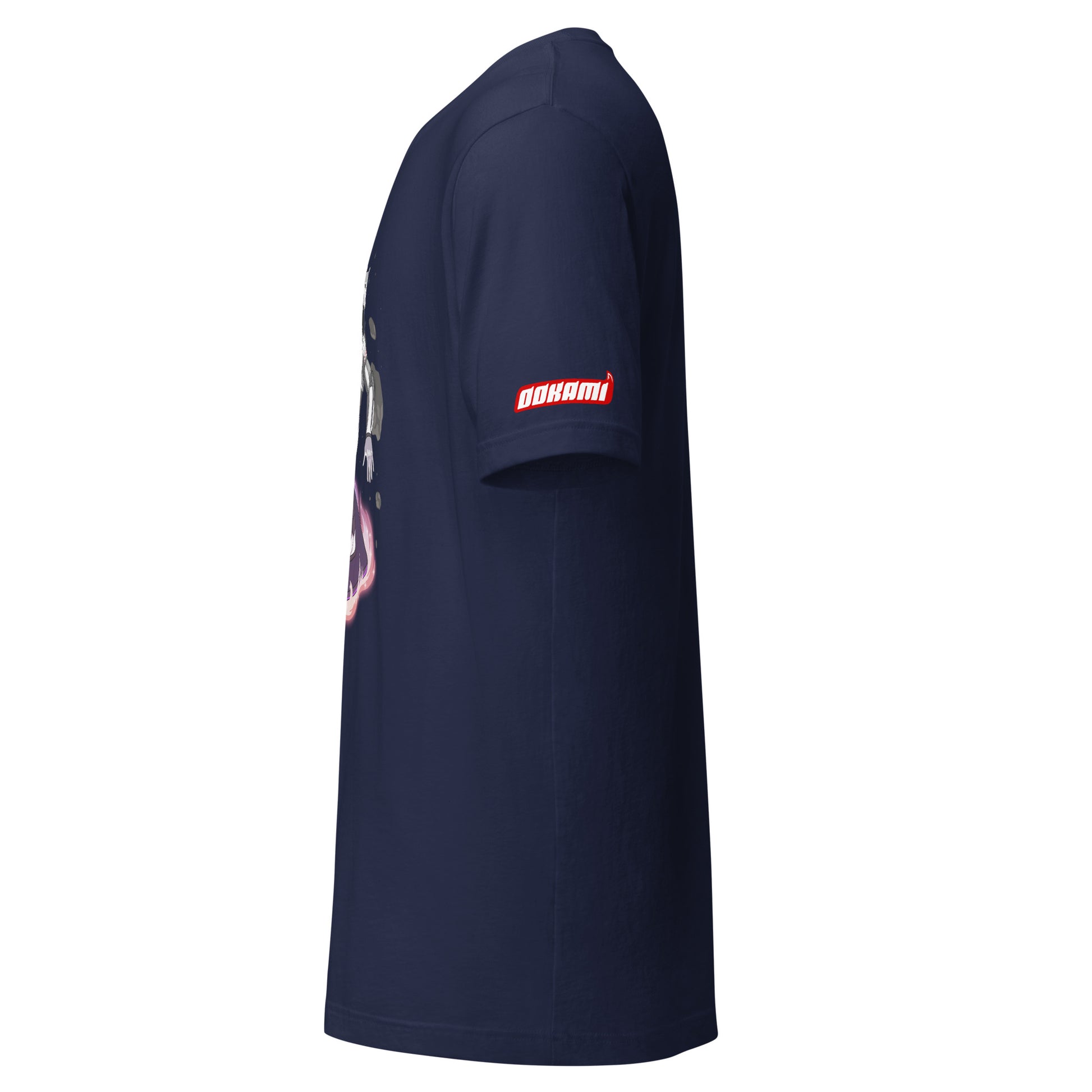 Left side view of navy t-shirt displaying the OOKAMI SPORTS logo on the sleeve.