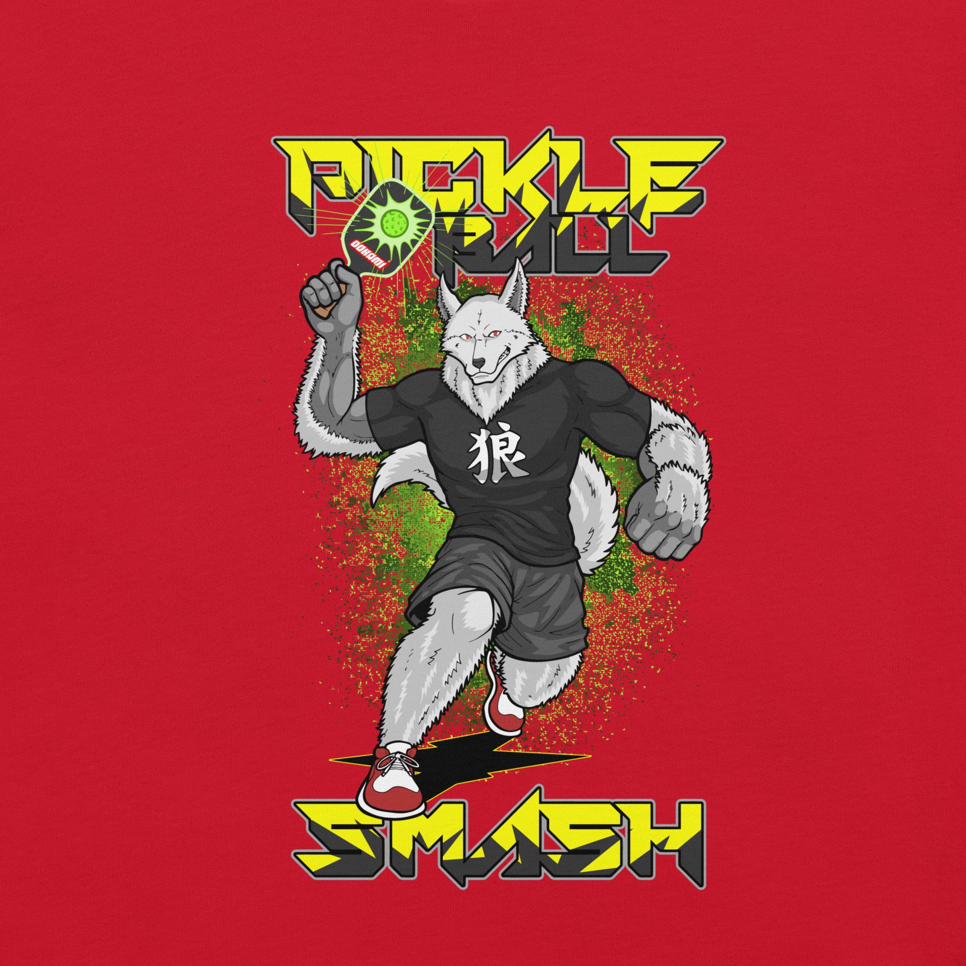 Close-up of the wolf smashing a pickleball design on the red Pickleball Smash Wolf T-Shirt.