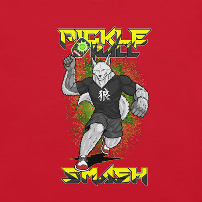 Close-up of the wolf smashing a pickleball design on the red Pickleball Smash Wolf T-Shirt.