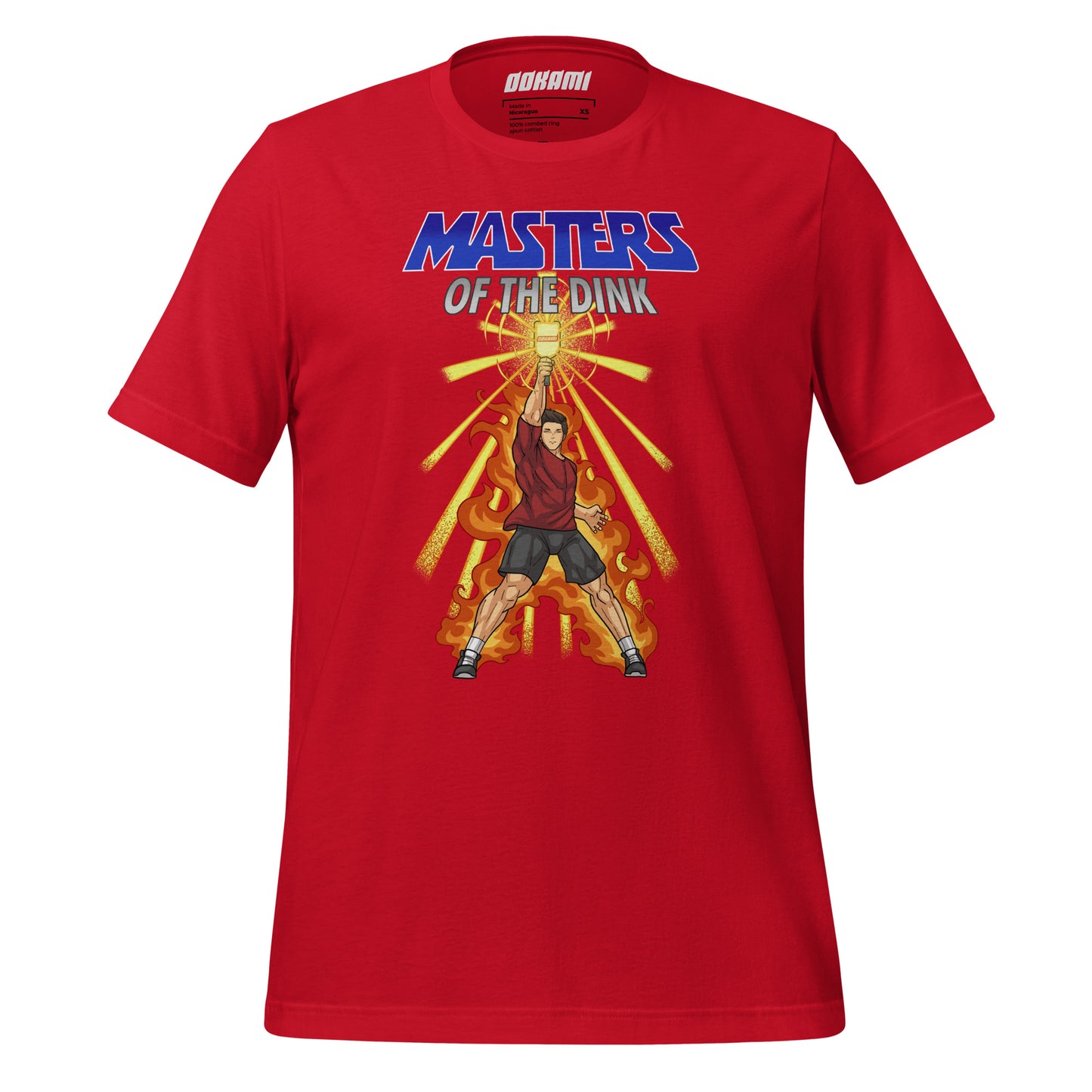 Front view of red t-shirt with Masters of the Dink design featuring a powerful figure holding a pickleball paddle amidst flames and radiant light.