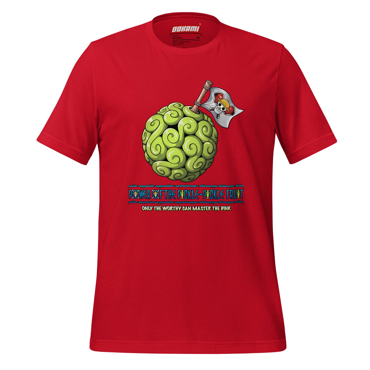 OOKAMI SPORTS Red Pickleball T-Shirt showcasing the Pickle Pickle Devil Fruit design, a must-have for anime and pickleball enthusiasts aiming to master the DINK.