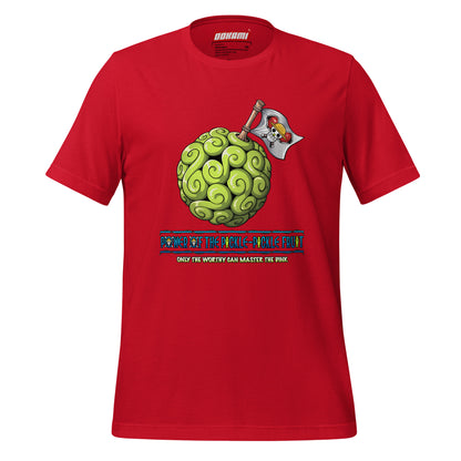 OOKAMI SPORTS Red Pickleball T-Shirt showcasing the Pickle Pickle Devil Fruit design, a must-have for anime and pickleball enthusiasts aiming to master the DINK.