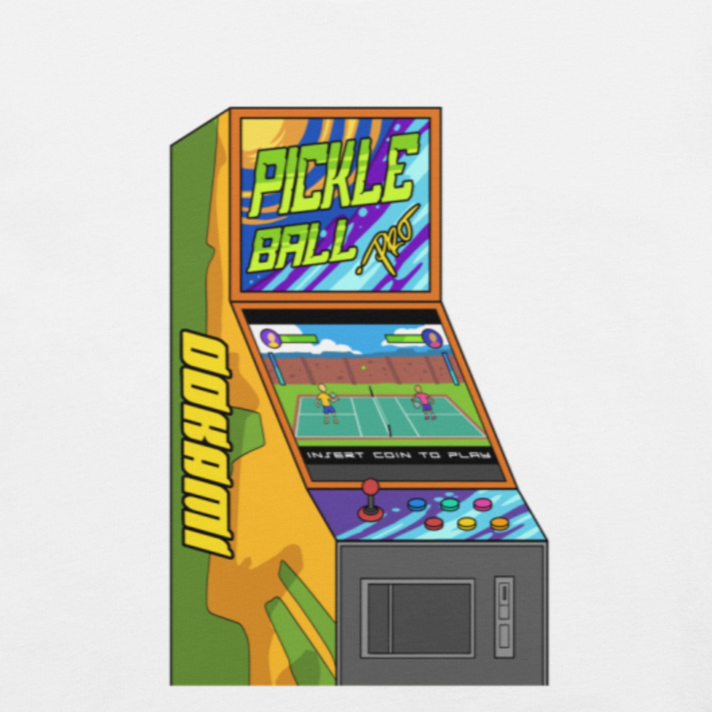 Close-up view of the arcade machine graphic with the text "Pickleball Pro" and an illustrated pickleball game.