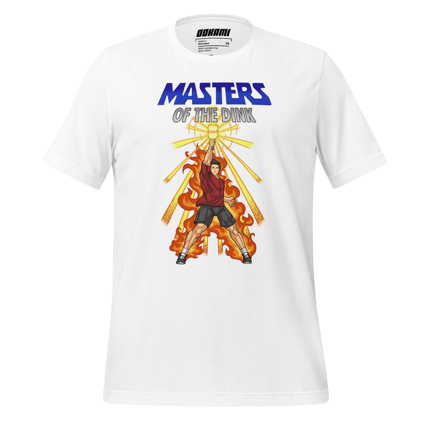 Front view of white t-shirt with Masters of the Dink design featuring a powerful figure holding a pickleball paddle amidst flames and radiant light.