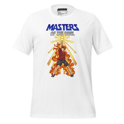 Front view of white t-shirt with Masters of the Dink design featuring a powerful figure holding a pickleball paddle amidst flames and radiant light.