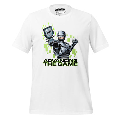 White pickleball T-shirt featuring a Robocop-inspired graphic design with neon green accents, labeled 'Advancing the Game' from OOKAMI SPORTS.