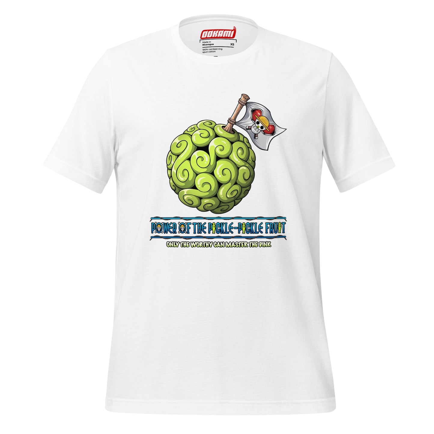 OOKAMI SPORTS White Pickleball T-Shirt featuring One Piece-inspired Pickle Pickle Devil Fruit design, perfect for mastering the DINK on the court.