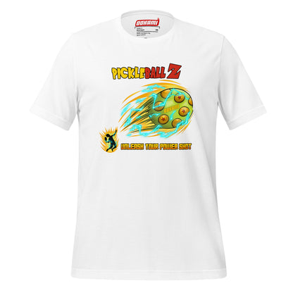 White Pickle Ball Z Power Shot Shirt with Dragon Ball-inspired design, perfect for pickleball players who want to showcase their love for anime on the court 
