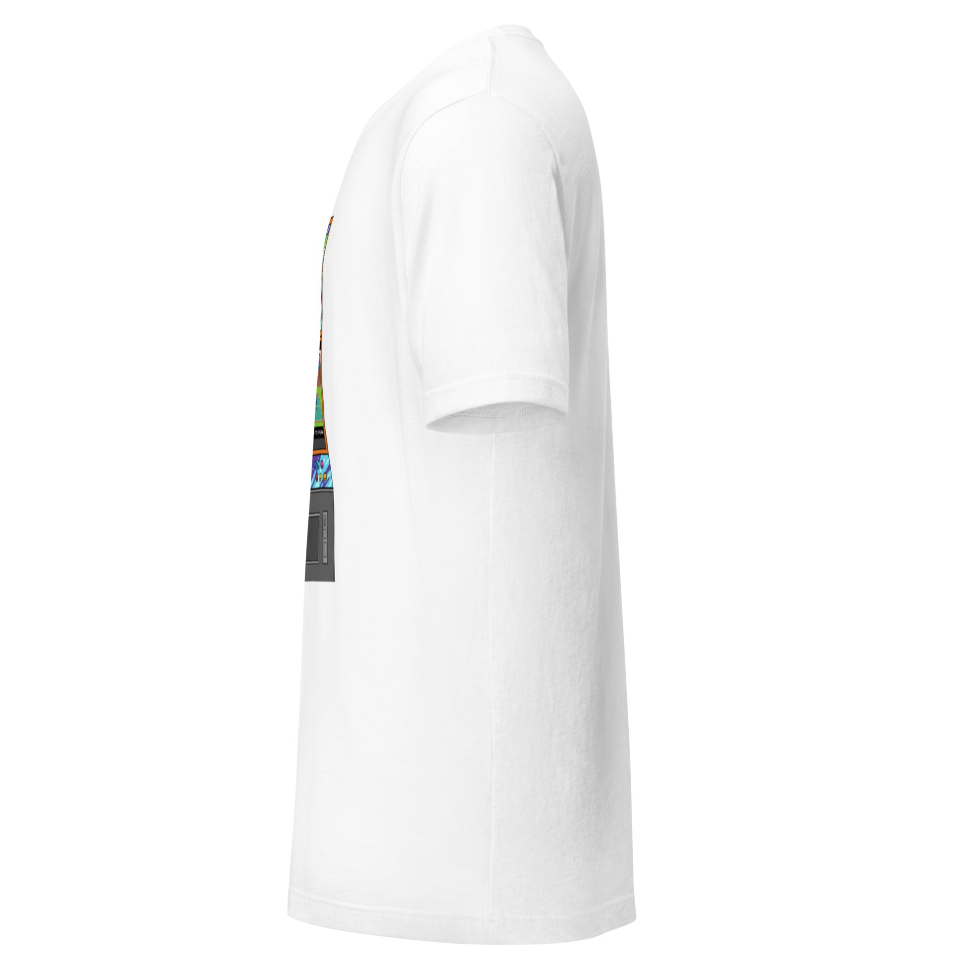 Left side view of the t-shirt showcasing the retro arcade design with detailed game elements.