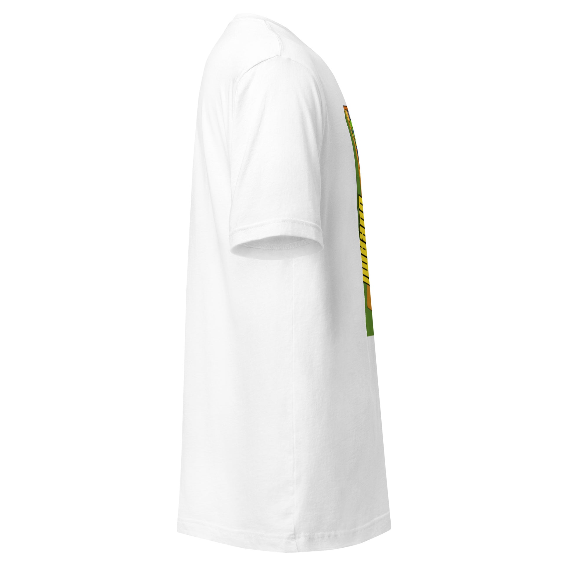 Right side view of the t-shirt featuring the retro arcade graphic with vibrant colors.