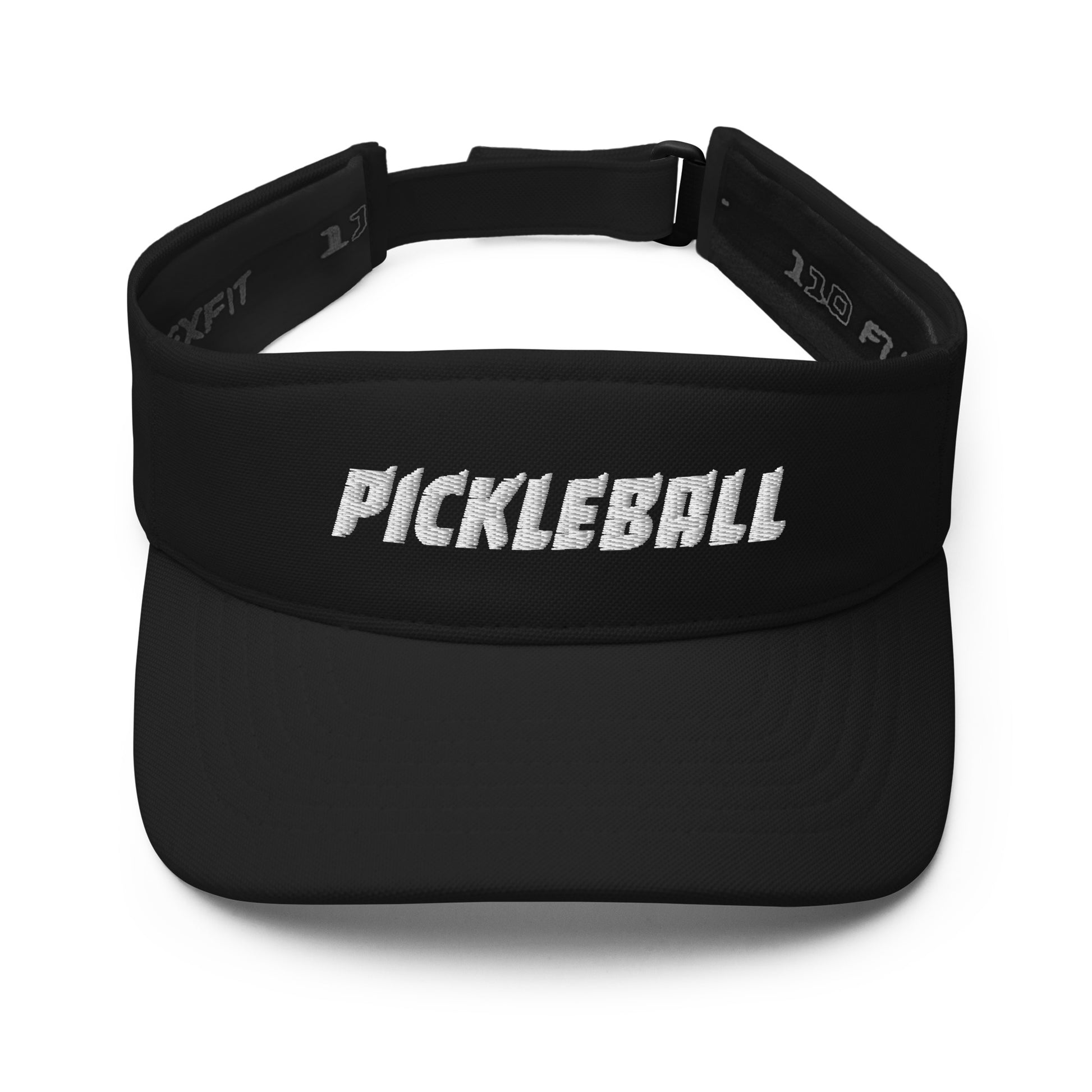 Front view of a black FlexFit® visor with 'PICKLEBALL' embroidered in white, ideal for competitive and recreational play.