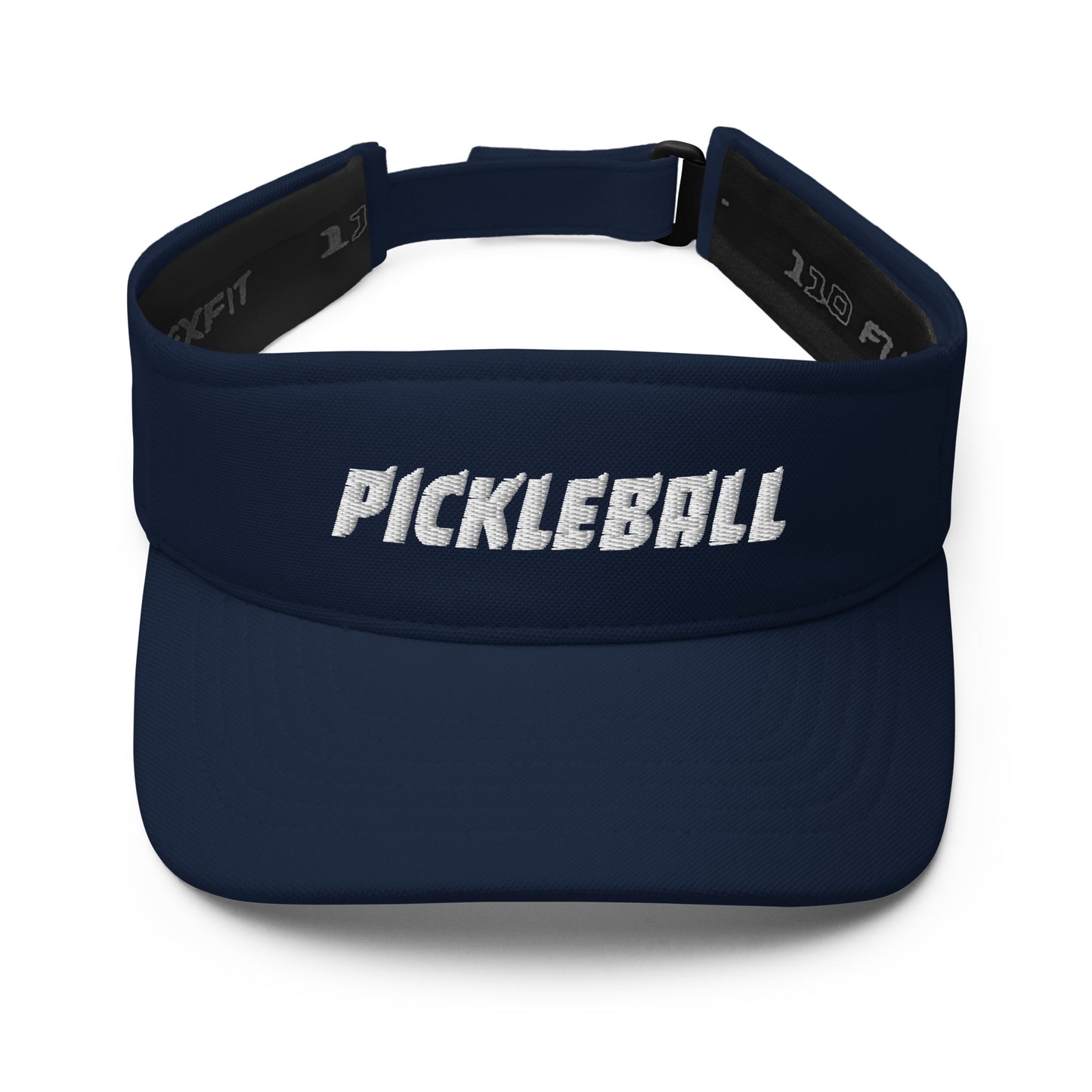 Front view of a navy blue FlexFit® visor with 'PICKLEBALL' embroidered in white, perfect for outdoor sports.