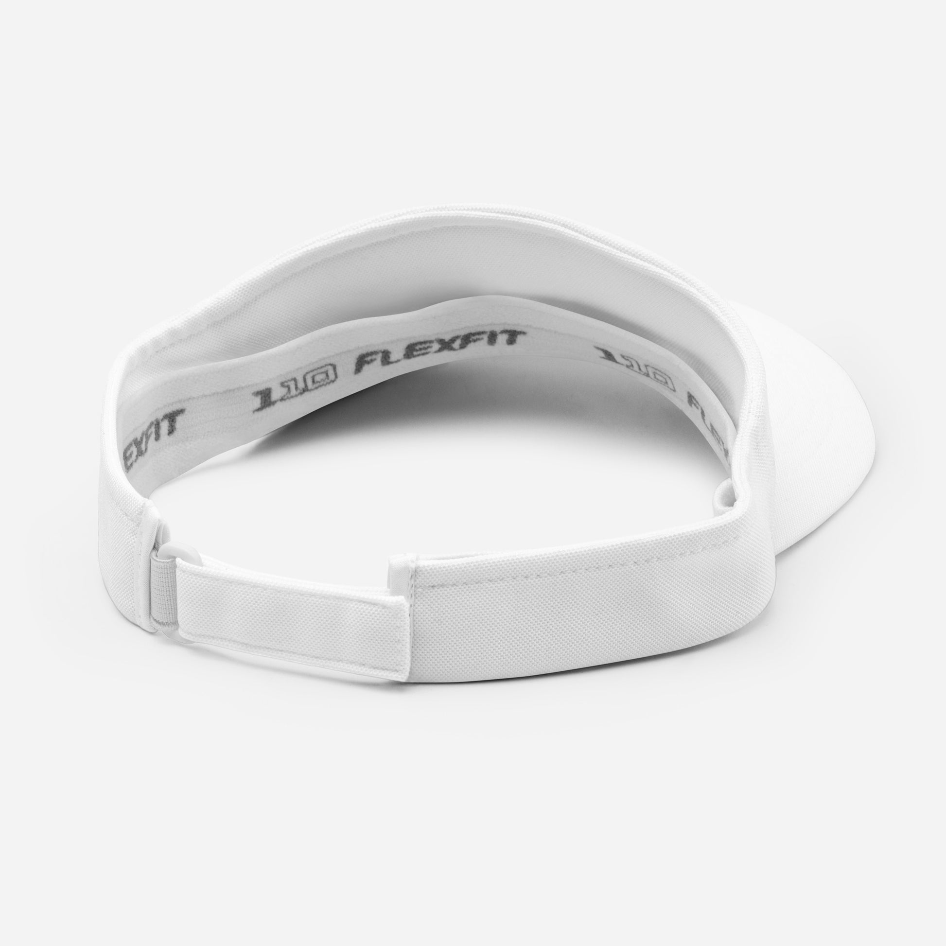 Back view of a white FlexFit® visor showing the adjustable strap and FlexFit® branding, tailored for pickleball players.