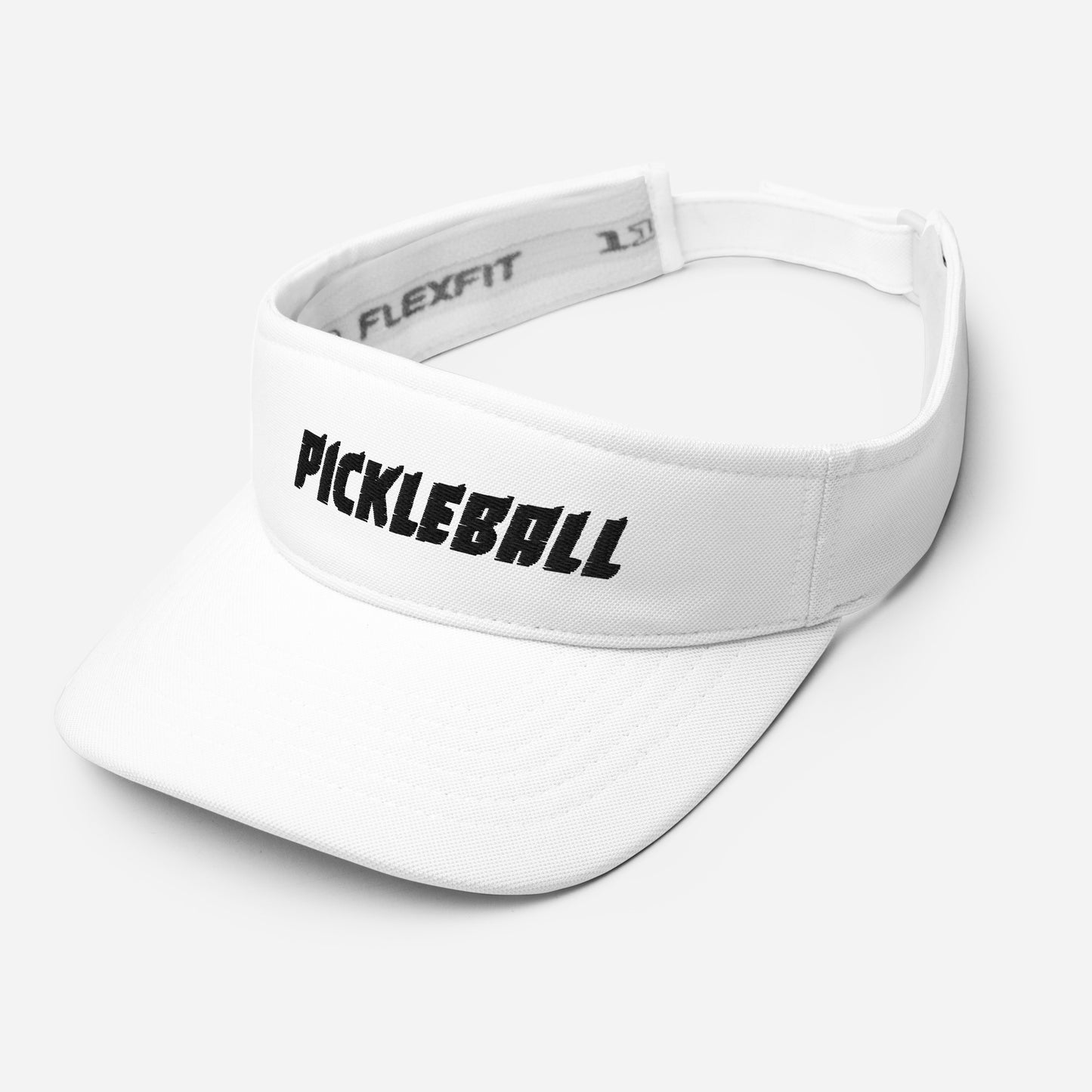 Left front view of a white FlexFit® visor with 'PICKLEBALL' embroidered in black, designed for sports enthusiasts.