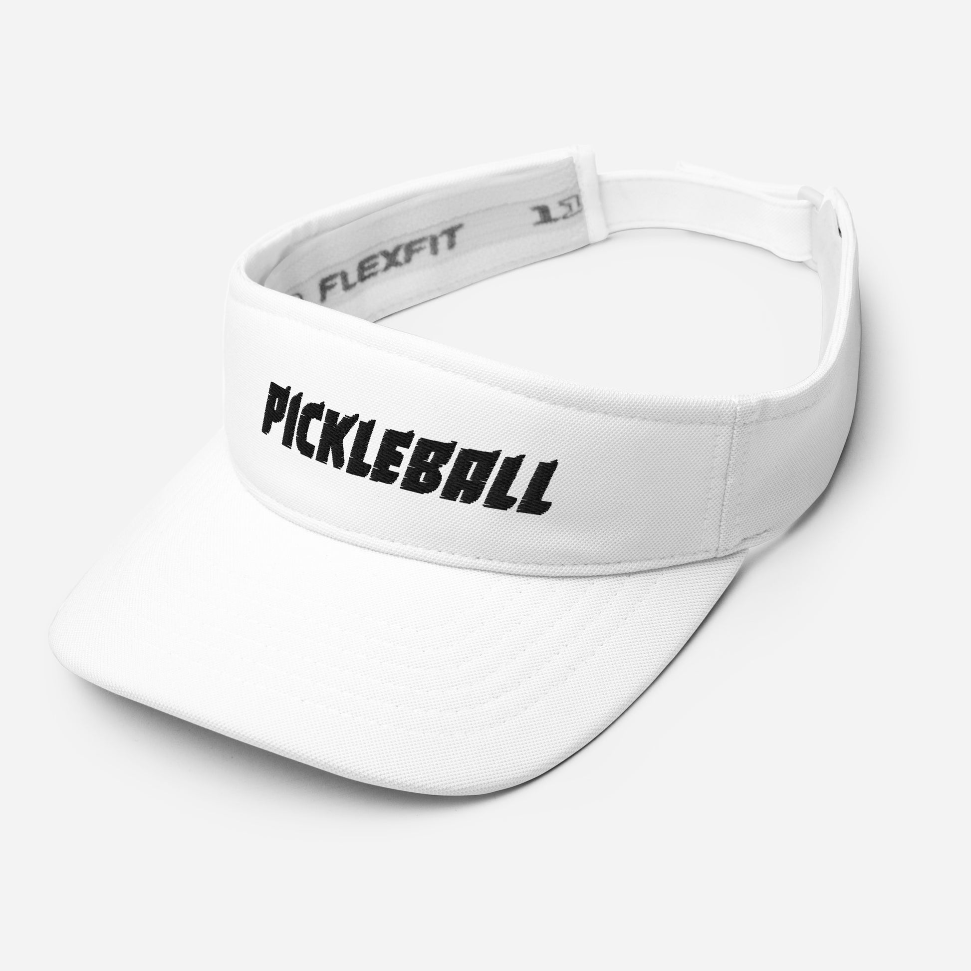 Left front view of a white FlexFit® visor with 'PICKLEBALL' embroidered in black, designed for sports enthusiasts.