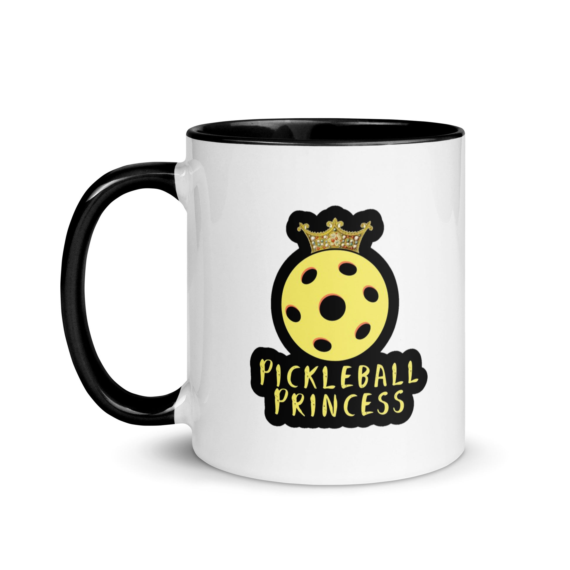 White ceramic mug with a black handle showcasing the 'Pickleball Princess' design with a crowned yellow pickleball.