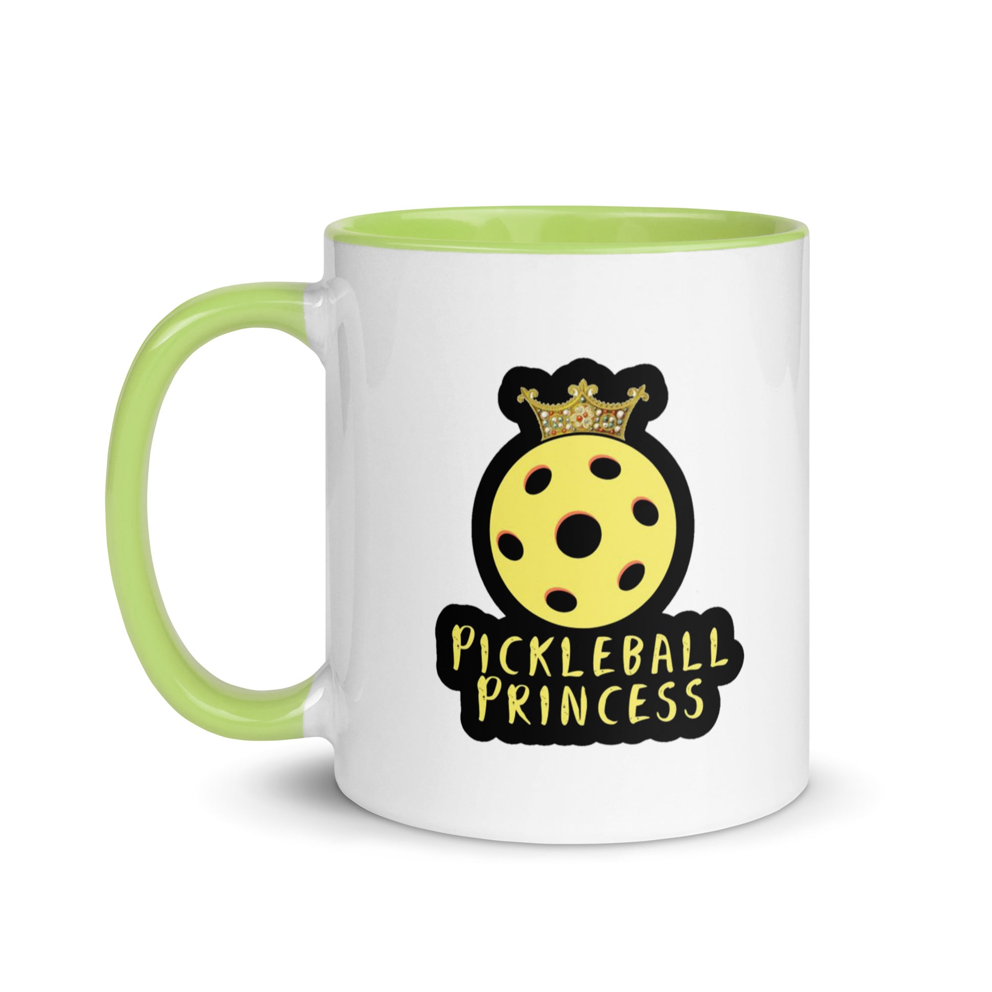 White ceramic mug with a green handle showcasing the 'Pickleball Princess' design with a crowned yellow pickleball.