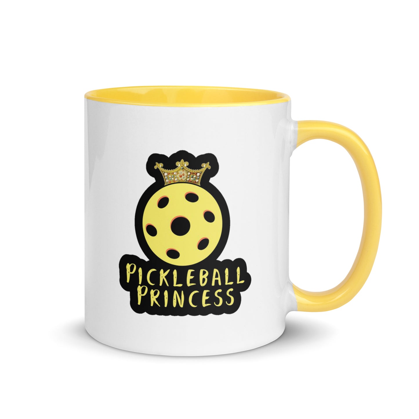 White ceramic mug with a yellow handle featuring the 'Pickleball Princess' design with a yellow pickleball and a crown.