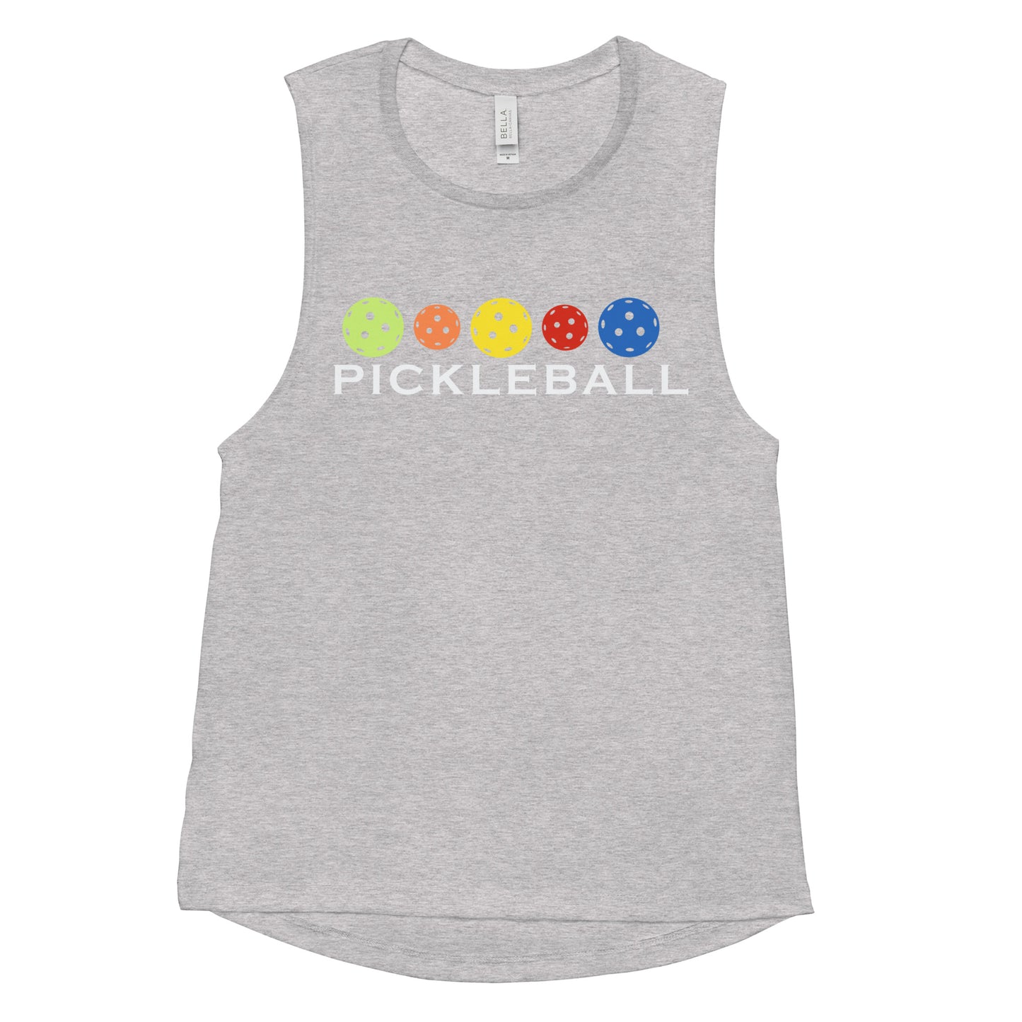 Heather grey Women's Muscle Tank Top with colorful pickleball design.