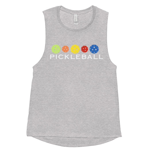 Heather grey Women's Muscle Tank Top with colorful pickleball design.