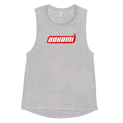 Flat lay of the OOKAMI Logo Red women's muscle tank top in athletic heather, front view