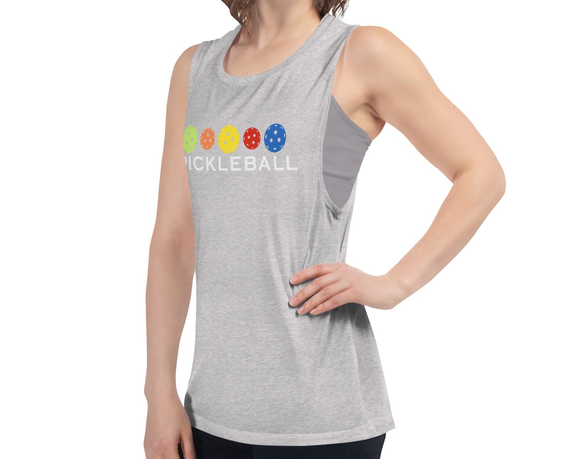 Woman wearing a grey Women's Muscle Tank Top with vibrant pickleball colors design