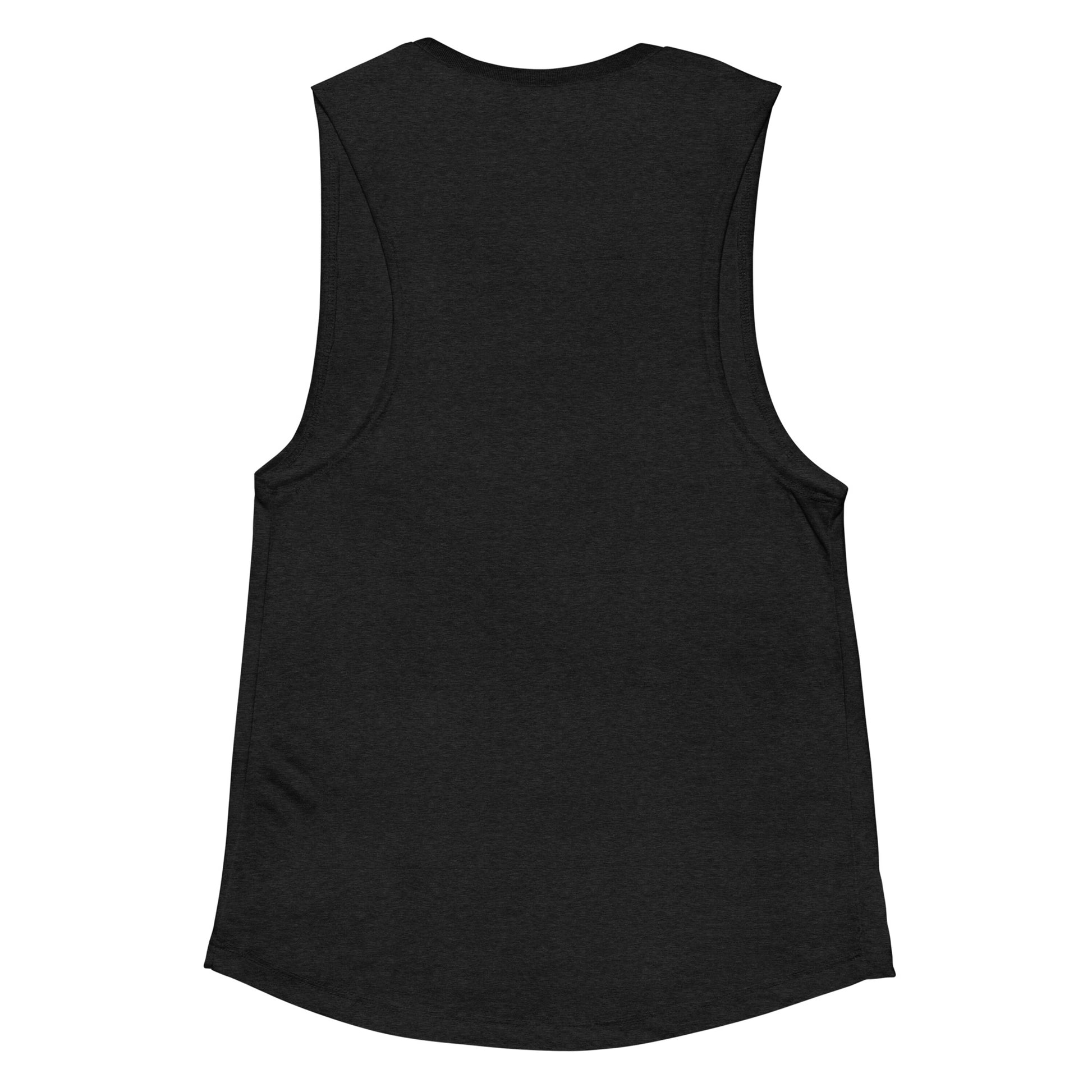 Back view of Women’s Patriotic Pickleball Muscle Tank Top in black heather