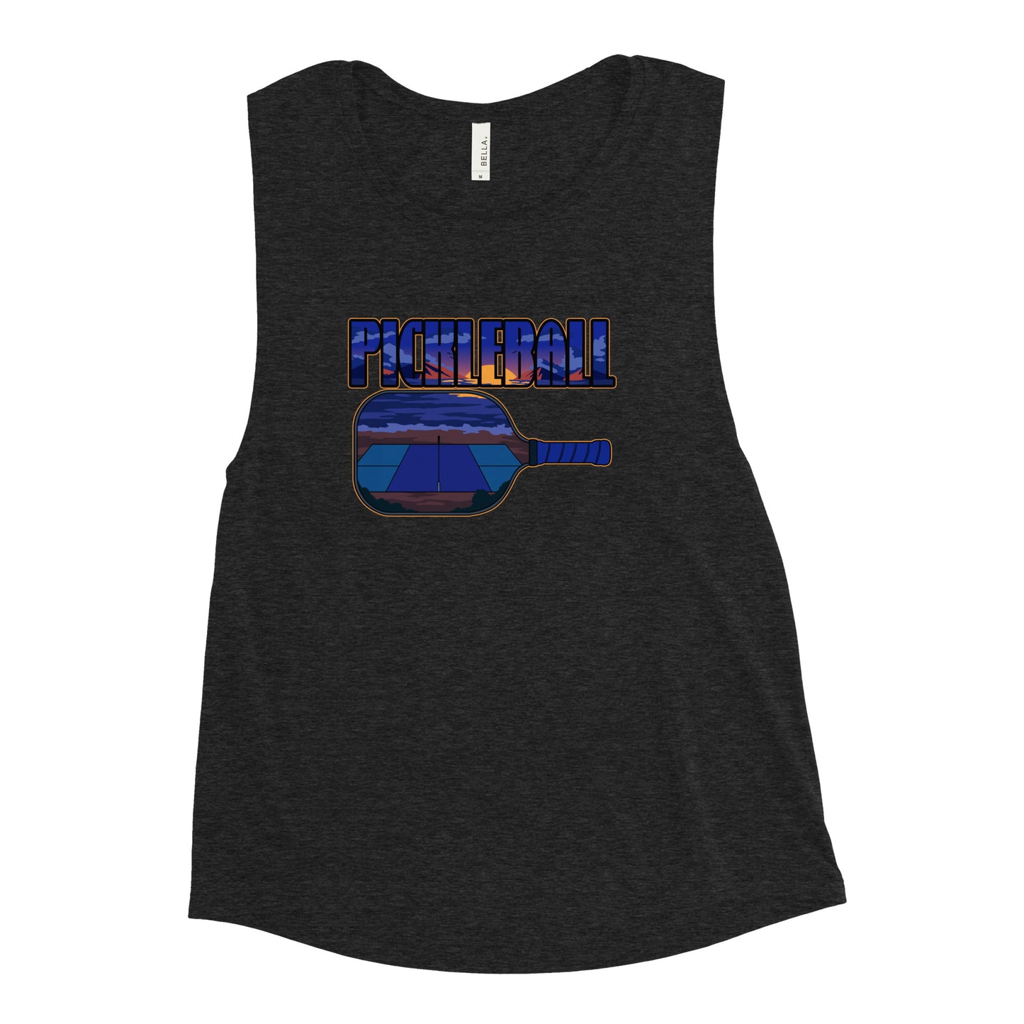 Black heather muscle tank with a pickleball sunset design, front view.