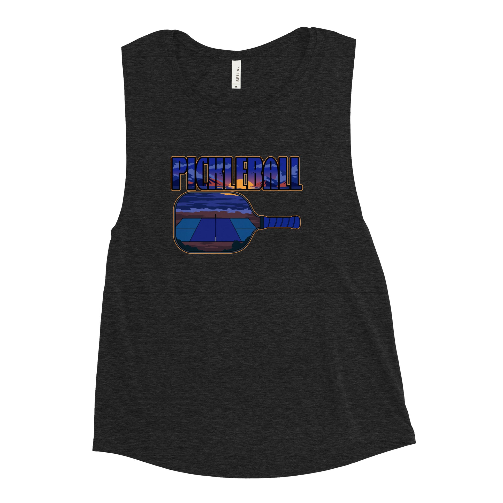 Black heather muscle tank with a pickleball sunset design, front view.