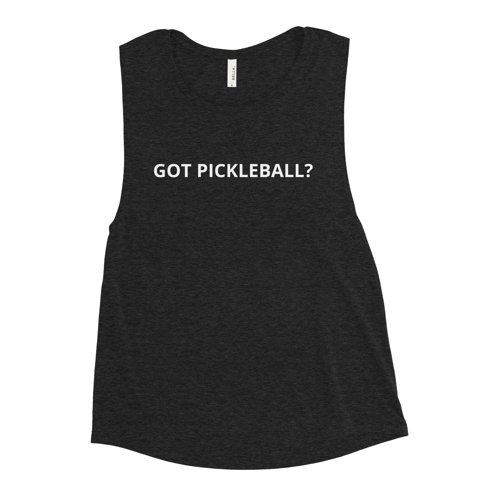 Front view of Women's Muscle Tank Top - Got Pickleball? in black heather.