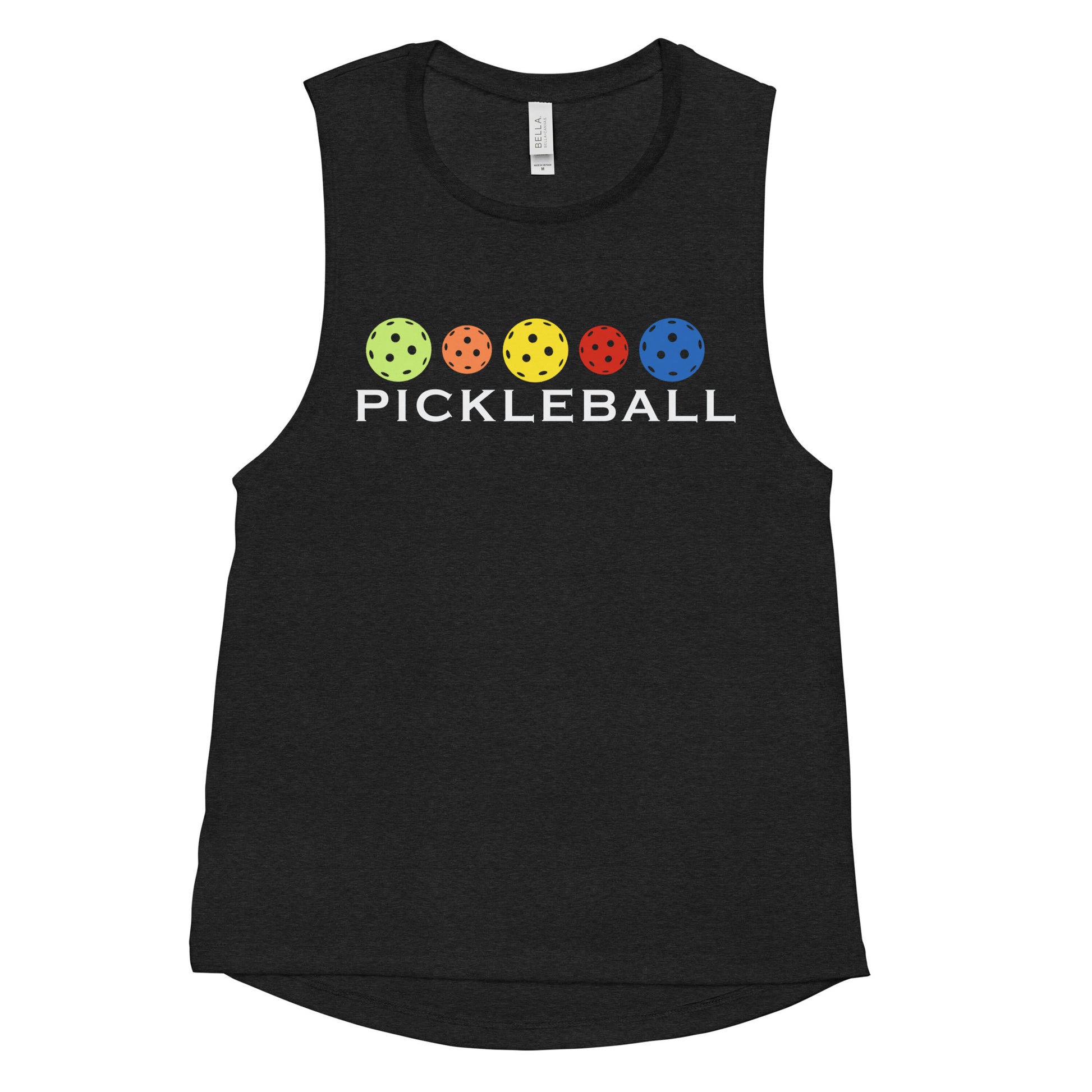 Black Women's Muscle Tank Top featuring colorful pickleball design.