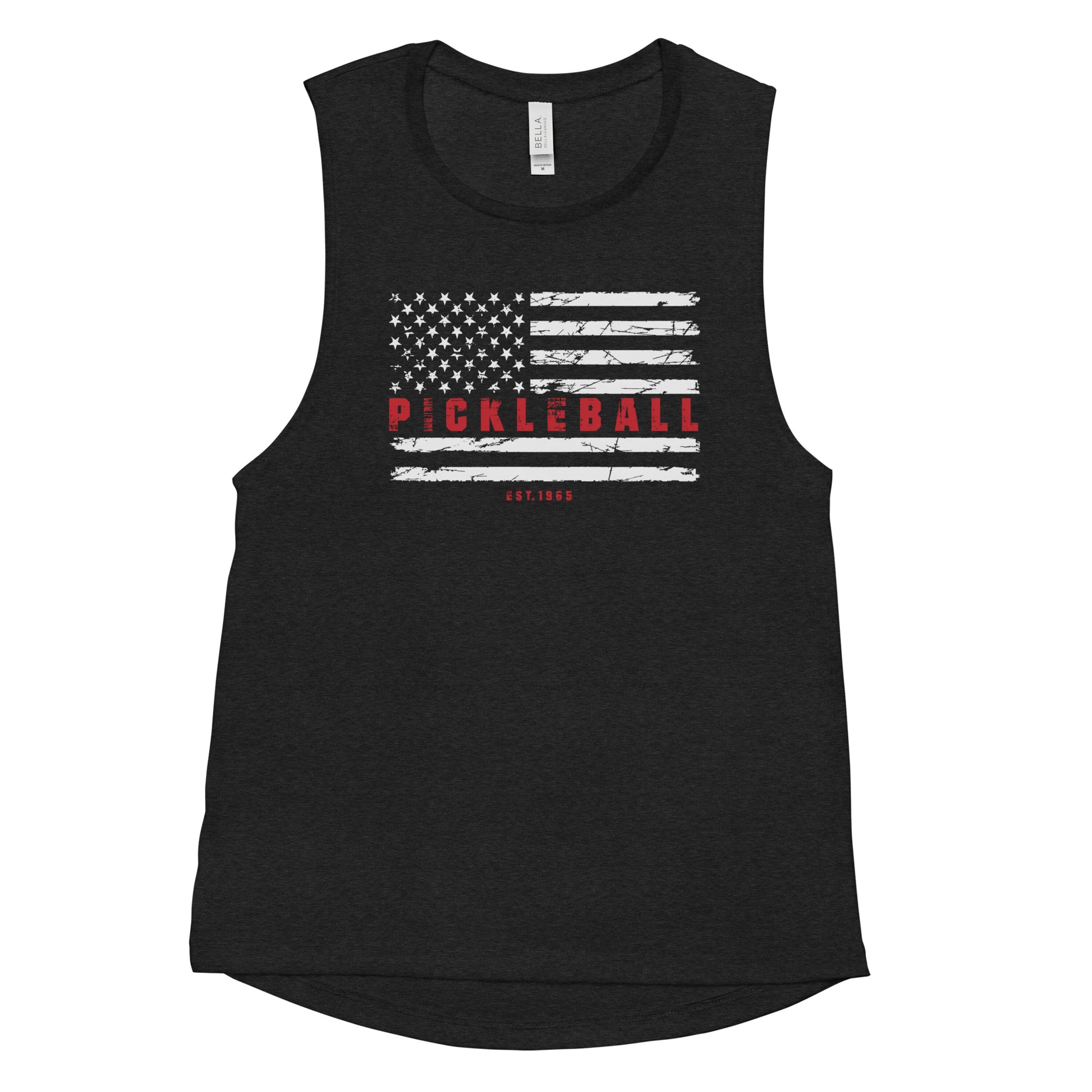 Flat lay of Women’s Patriotic Pickleball Muscle Tank Top in black heather, front view