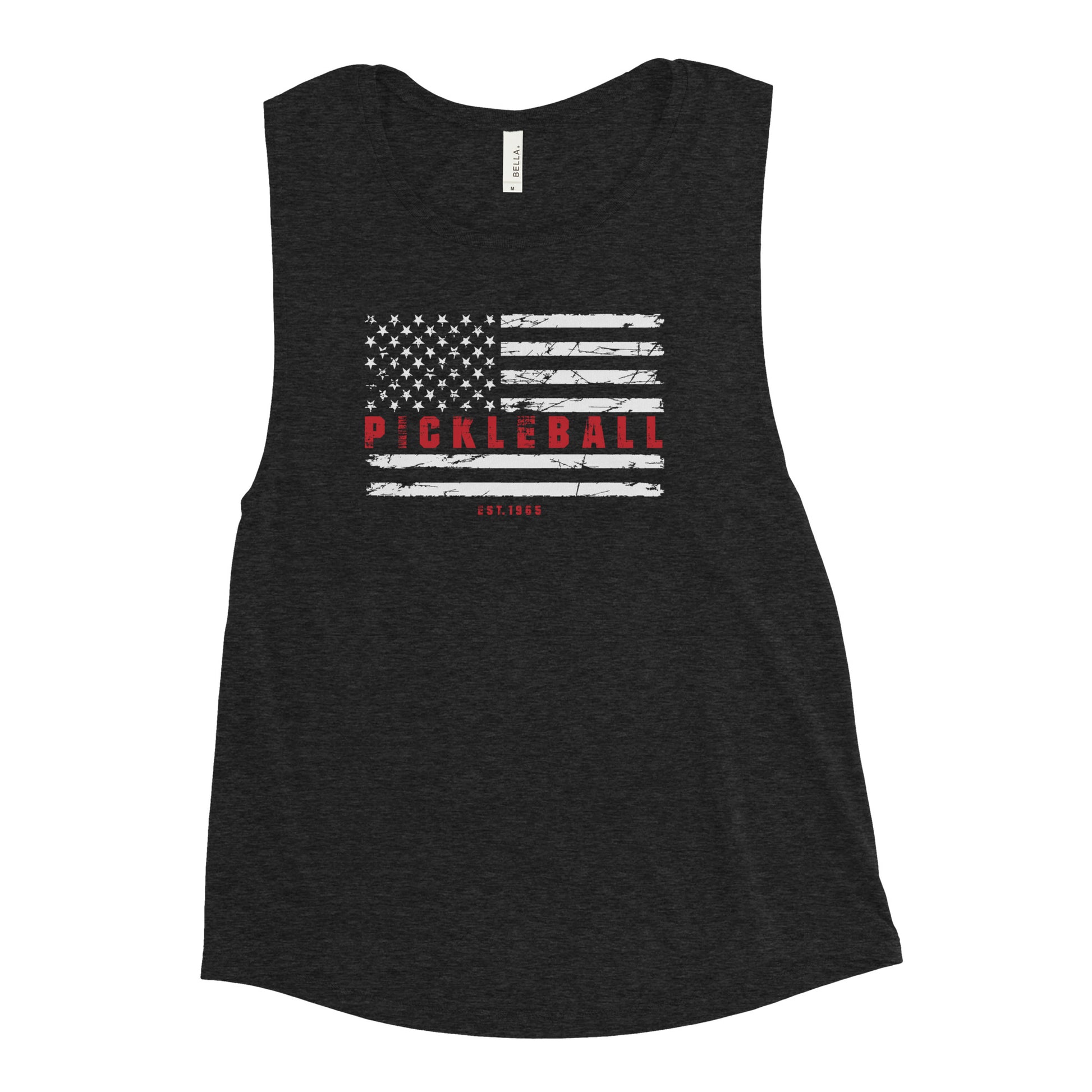 Flat lay of Women’s Patriotic Pickleball Muscle Tank Top in black heather, another angle