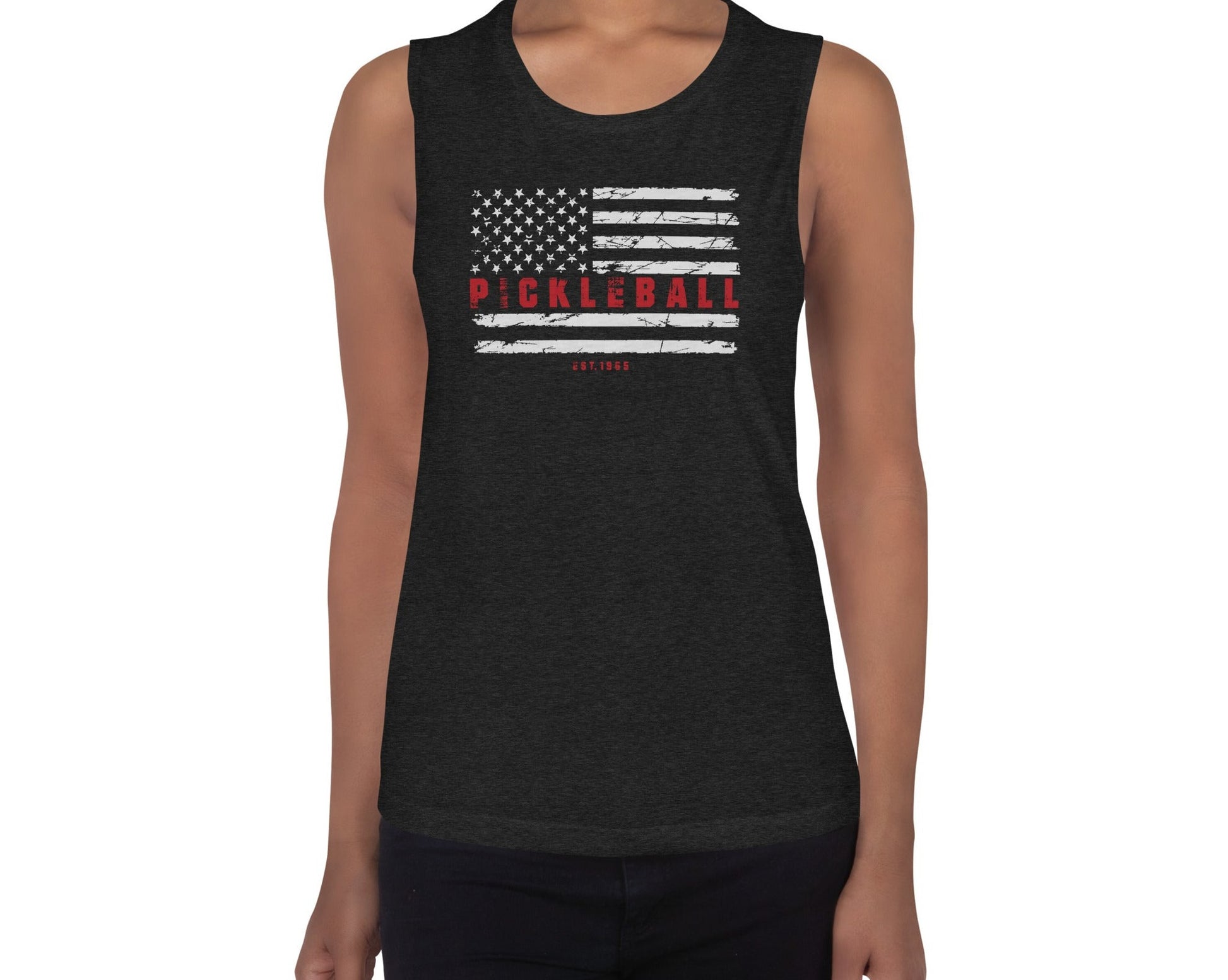 Model wearing Women’s Patriotic Pickleball Muscle Tank Top in black heather, front view