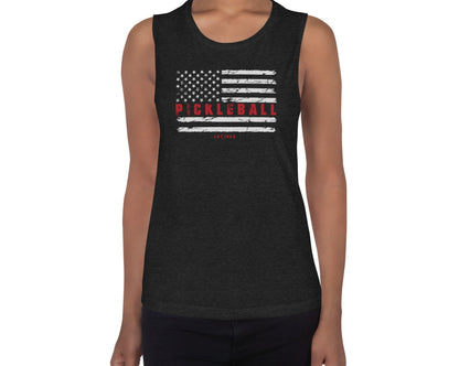 Model wearing Women’s Patriotic Pickleball Muscle Tank Top in black heather, front view